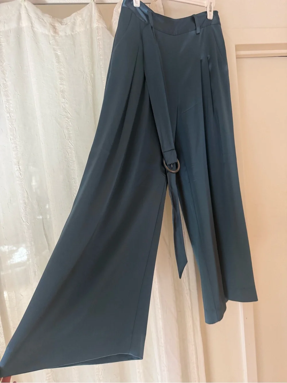 Cinq à Sept Wide-Leg Satin Pants | Size 6 | Teal Blue-Gray | Belted